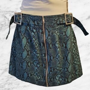 Topshop Petite Snake Print Mini Skirt Green Blue Zip Front Belted Size US 8
